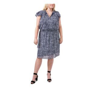 NWT MSK WOMEN Womens Blue Split Neck Chiffon Lined Flutter Sleeve Dress Plus 3X